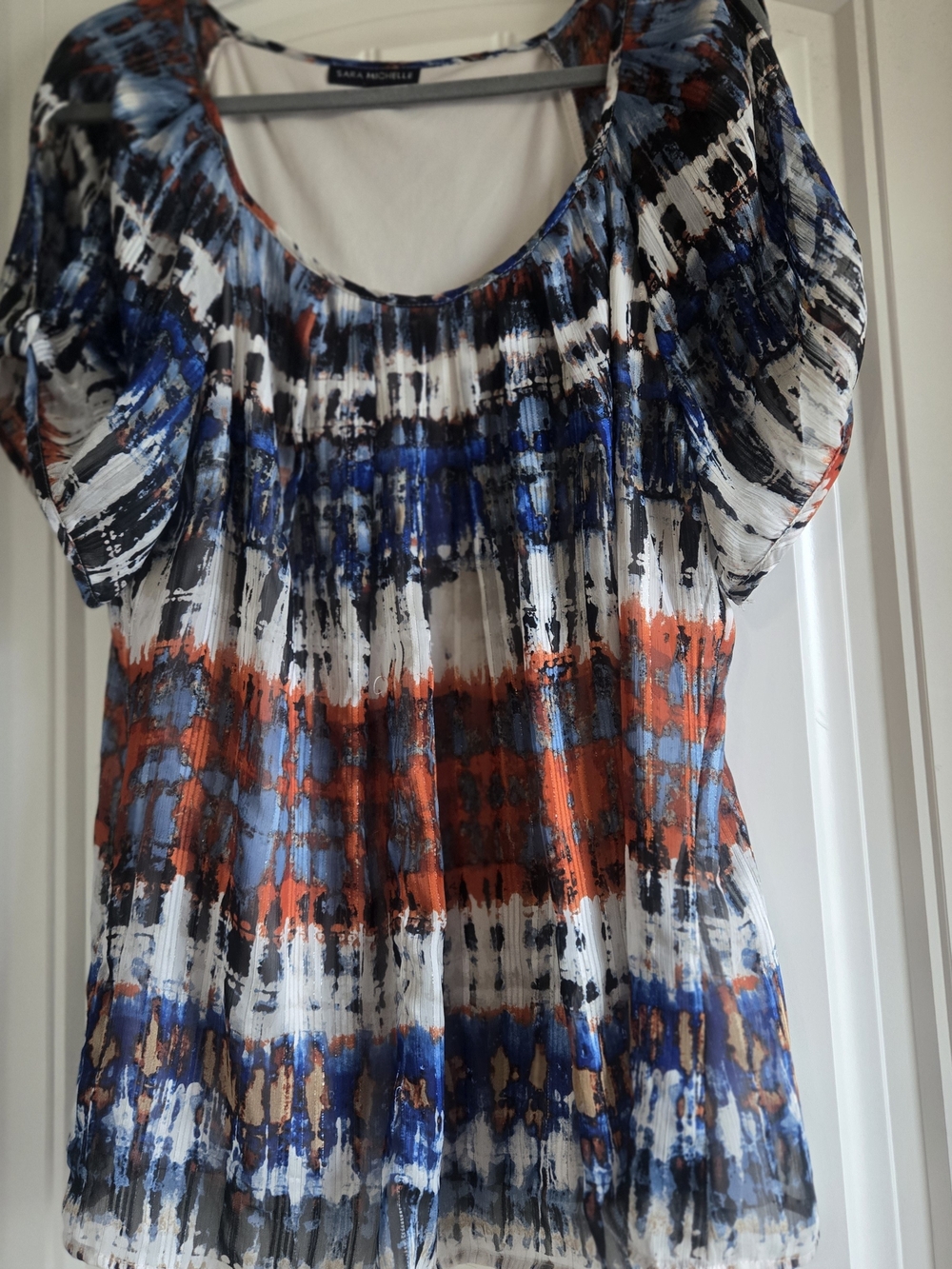 Ella Moss Blue & Orange Printed Pleated Scoop Neck Top